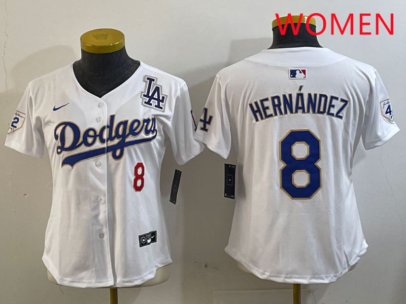 Women Los Angeles Dodgers 8 Hernandez White Gold Game 2025 Nike MLB Jersey style 4